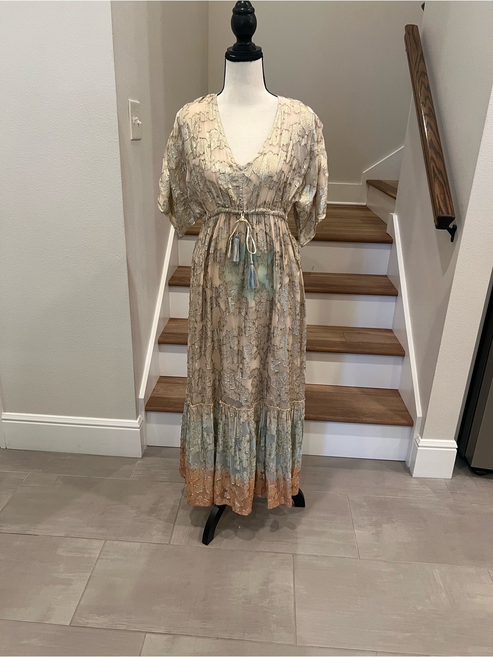 New With Tag Boho Tiered Maxi Dress in Gold,Beige and Pastel Accents